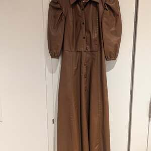 Brown Faux Leather Puff Sleeve Midi Shirtdress